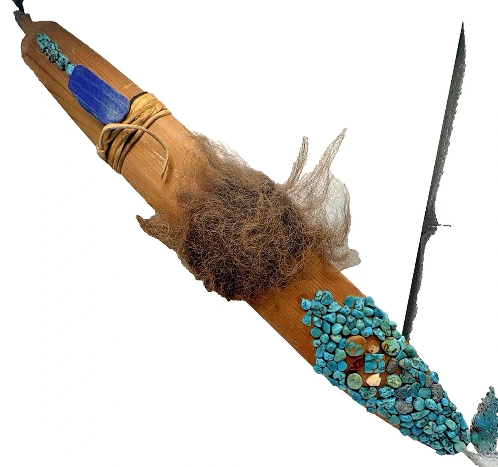 Native American Navajo Hand carved Peace Pipe Wood Leather Turquoise Fur 16.5